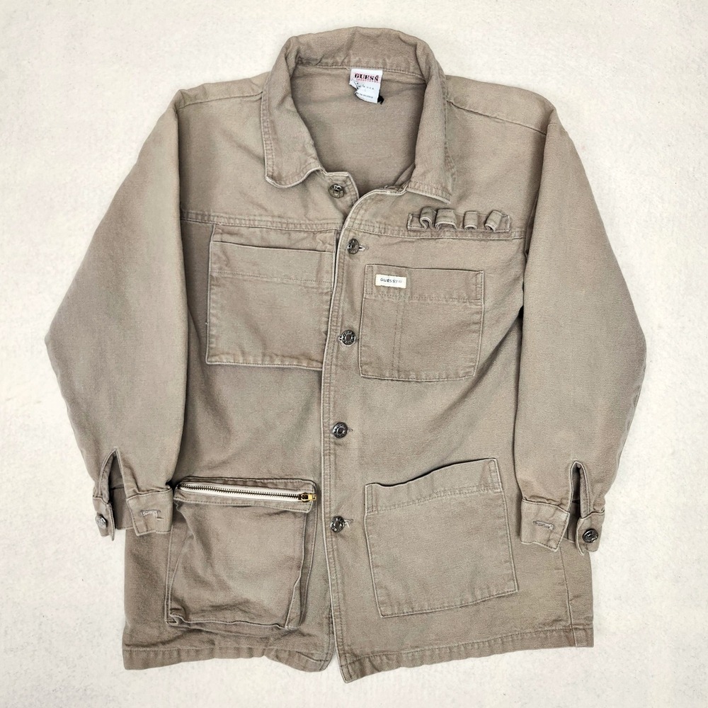 Vintage GUESS Canvas Utility Chore Safari Jacket USA Womens L Fits S/M Workwear